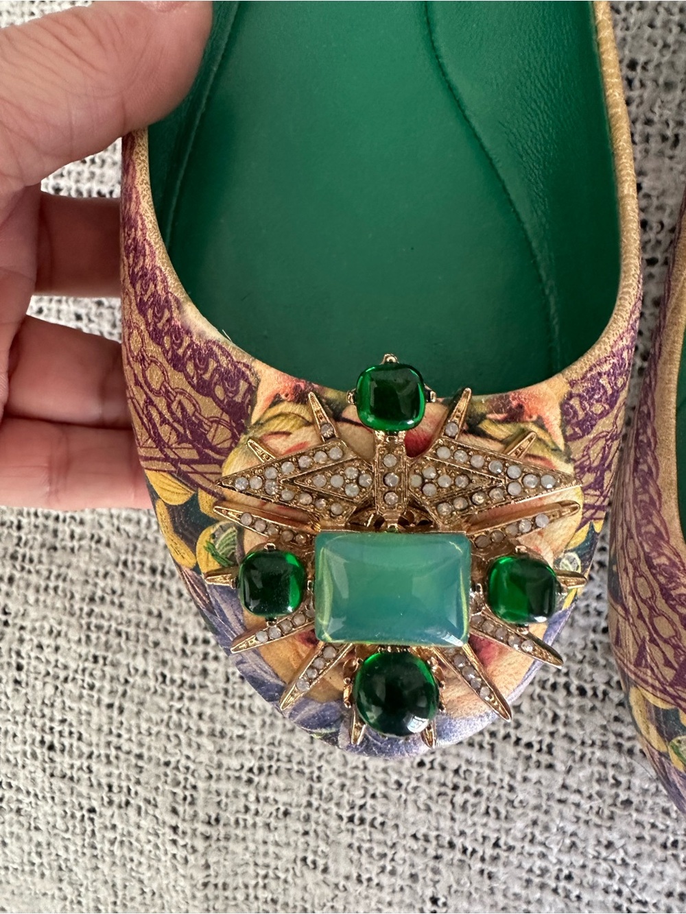 Ivy Kirzhner Floral Flats with Green Gem Accents - Picture 2 of 8